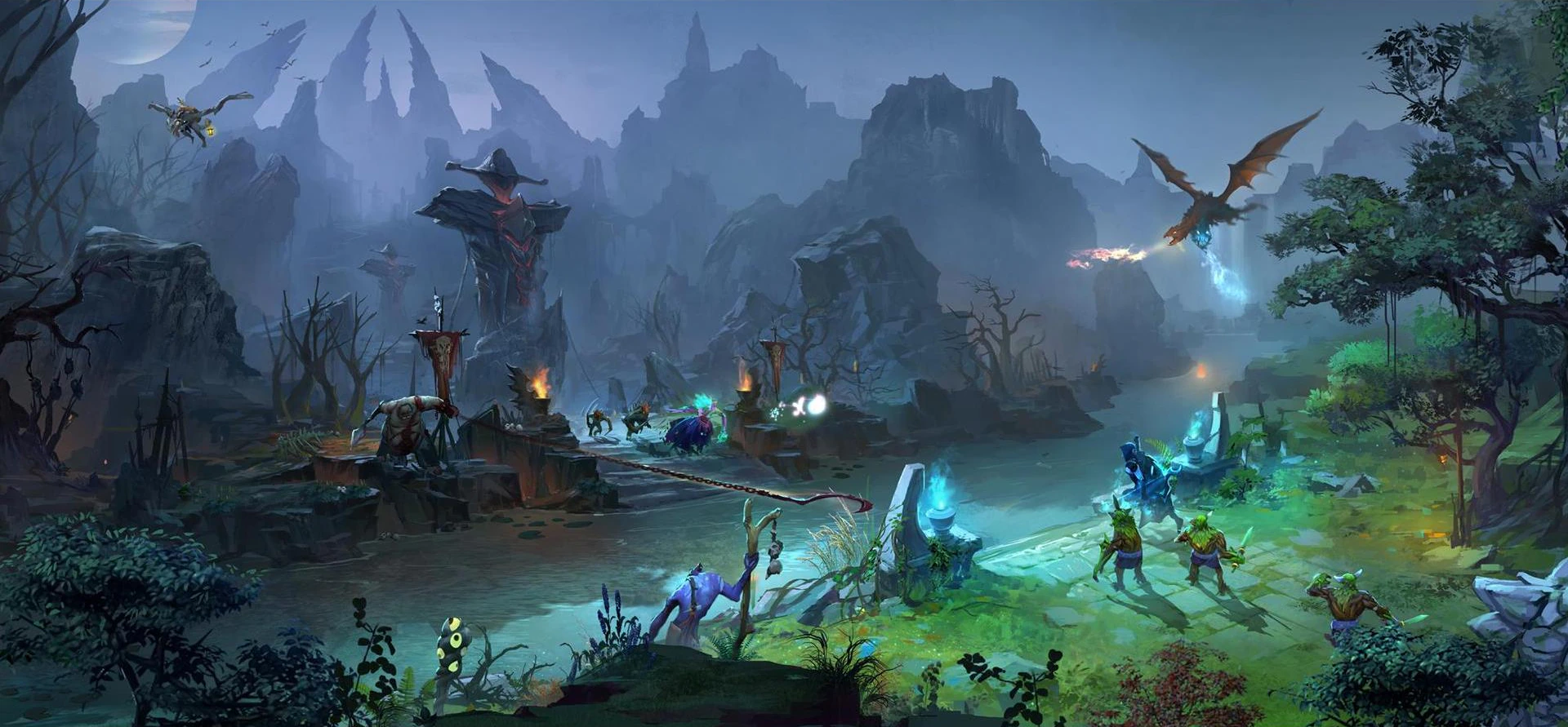 Arte do mapa do Dota 2 com heróis lutando na rota, torres e um dragão sobrevoando o rio